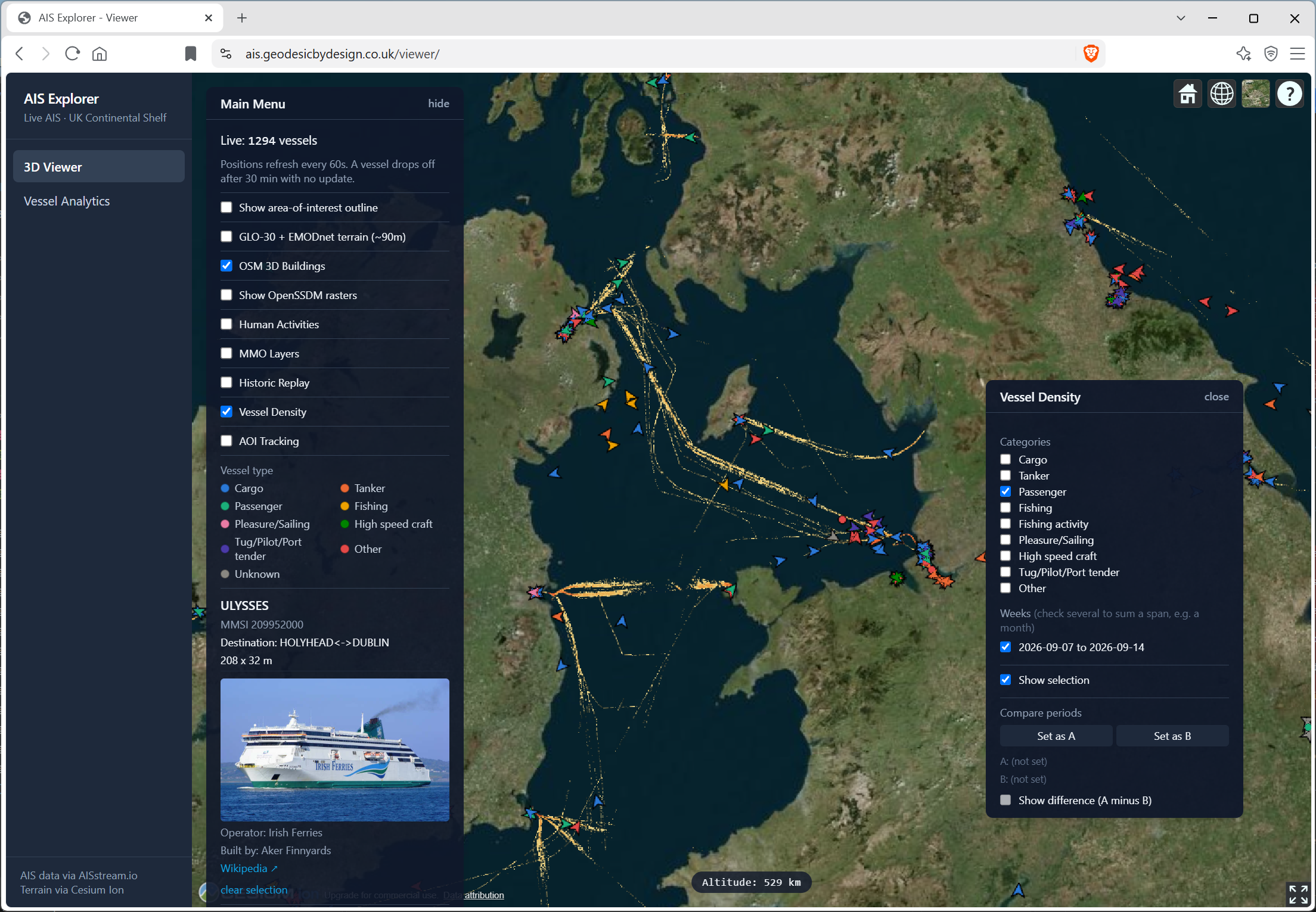 AIS Explorer vessel density filtered to passenger traffic