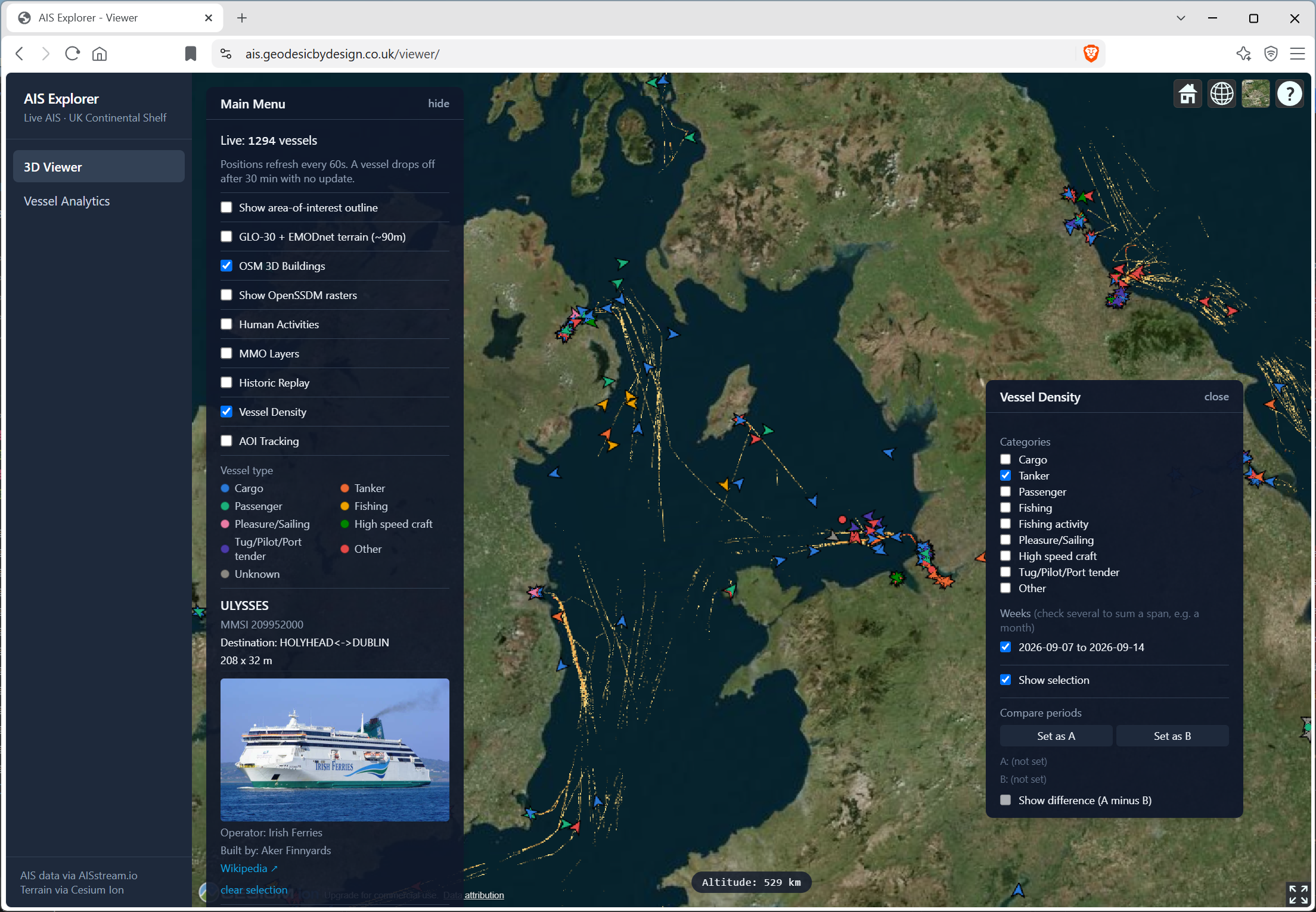 AIS Explorer vessel density filtered to tanker traffic